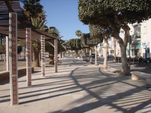 een stoep met een rij bomen en een bank bij Pensión sol y playa in Carboneras