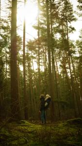 a person walking through a forest with a backpack at Remise Brasch - Zwischen Bahnhof und Elbe in Wittenberge