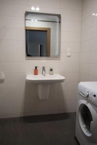 a bathroom with a sink and a mirror and a washing machine at Przerwa W Górach in Karpacz