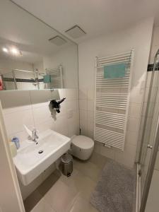ein weißes Bad mit einem Waschbecken und einem WC in der Unterkunft F & W Apartment in Erfurt