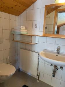 a bathroom with a toilet and a sink at Klausmoarhof in Leisach