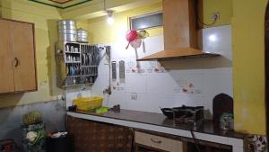 een keuken met een wastafel en een aanrecht bij Benus Darjeeling Home A Backpacker Hub in Darjeeling