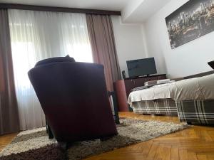 1 dormitorio con 1 cama, 1 silla y TV en Dini apartments, en Novi Sad