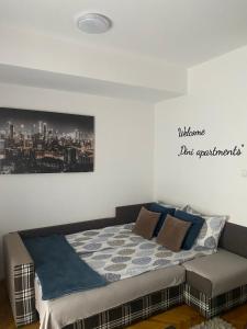 1 dormitorio con 1 cama y una foto en la pared en Dini apartments, en Novi Sad