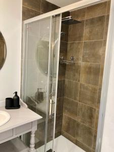 y baño con ducha y lavamanos. en Le Nivolet, cosy appartement, en Chambéry