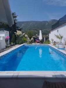 uma grande piscina azul com uma montanha ao fundo em Villa Majdan em Mostar