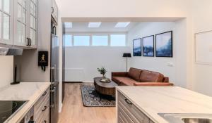 cocina y sala de estar con sofá y mesa en Ranargata - Central One Bedroom Apartment en Reikiavik