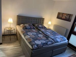 uma cama num quarto com duas lâmpadas sobre uma mesa em Holiday home Harzhaus time out em Altenau