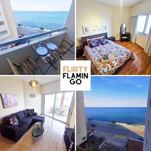 拉納卡的住宿－Flirty Flamingo Seaview Seafront Apartment，一张床位和美景客房的照片拼合在一起