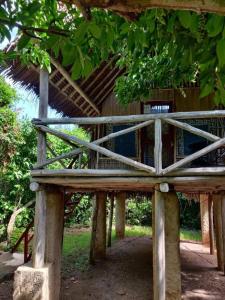 a wooden bench in front of a tree at Stilts Diani Beach in Diani Beach