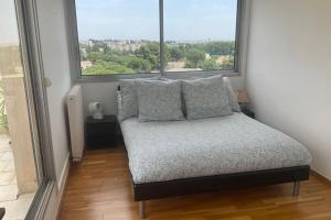 - un lit avec des oreillers dans une chambre avec une fenêtre dans l'établissement top floor apartment with private park, à Montpellier
