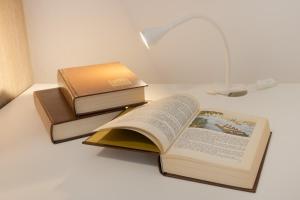 zwei Bücher auf einem Tisch neben einer Lampe in der Unterkunft Palladio due - spazioso 3 camere in Triest
