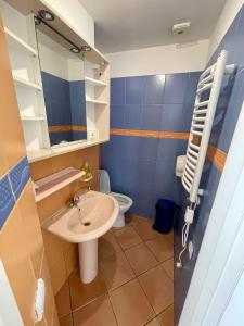 uma casa de banho com um lavatório e um WC em Dimanti em Ragaciems