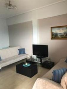 een woonkamer met een bank en een tv bij Naia Apartment in Sarandapikhiótika