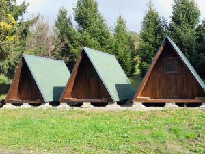 two peaked roofs of two buildings in a field at Farm Stay Frank Ozmec Wine and Glamping estate in Ljutomer