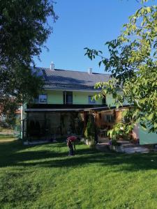 een persoon in de tuin van een huis bij Ferienwohnung Renner ca 100 qm in Mühlingen