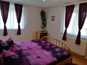 a bedroom with a purple bed in front of windows at Ferienwohnung Renner ca 100 qm in Mühlingen