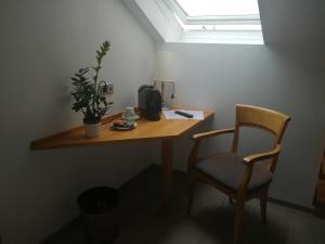 a wooden desk with a chair and a plant on it at Hotel Landgut Jungfleisch in Gries +59 photos