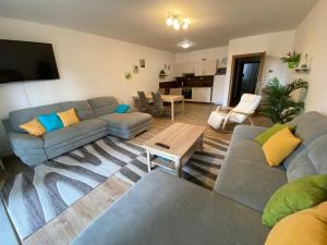 uma sala de estar com um sofá e uma mesa em Apartmán Verča Riviera Lipno 510 em Lipno nad Vltavou