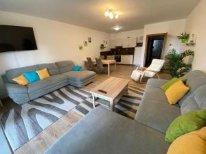 a living room with a couch and a table at Apartmán Verča Riviera Lipno 510 in Lipno nad Vltavou