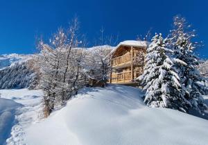 eine Blockhütte im Schnee mit schneebedeckten Bäumen in der Unterkunft Paradis Perdu SKI IN & QUIET chalet 14 personnes in Les Collons