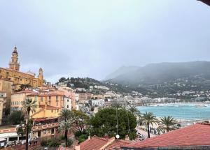 a view of a city with buildings and the ocean at Menton Ciapetta in Menton