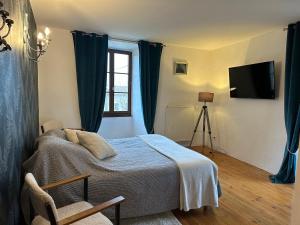 a bedroom with a bed and a window and a television at Gite du Pavillon in Lens-Lestang