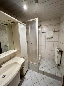 y baño blanco con lavabo y ducha. en Komfortable Monteurwohnung in Weiskirchen, en Weiskirchen