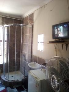 uma casa de banho com chuveiro e uma televisão na parede em Nafi Guesthouse em Phuthaditjhaba