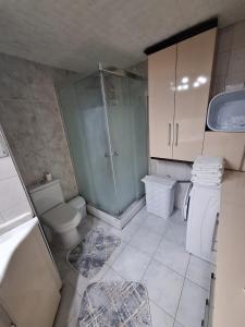 W łazience znajduje się toaleta, prysznic i umywalka. w obiekcie Ege Üniversitesine ve Hastane ye çok yakın aile için uygun w mieście Burunabat