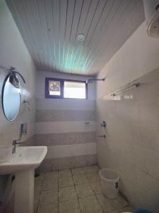 uma casa de banho com um lavatório e um espelho em The Woodpecker Inn Jibhi em Jibhi