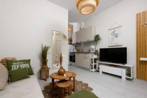 a living room with a couch and a tv in it at Zefyros Apartments in Skala Rachoniou