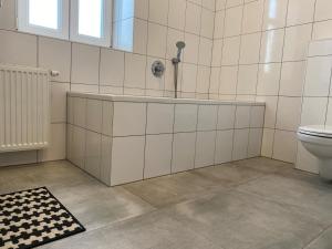 ein Badezimmer mit einer Badewanne, einem WC und einem Teppich in der Unterkunft Altbau mit Flair in Klagenfurt am Wörthersee