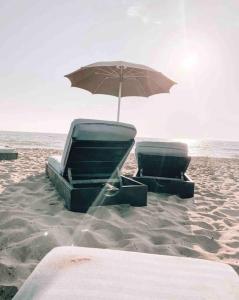 都拉斯的住宿－San Pietro Resort l Gjiri i Lalzit l beachfront，海滩上的2把沙滩椅和1把遮阳伞