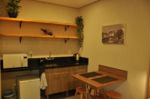 uma cozinha com um lavatório e uma bancada em Suite Negri em Canela