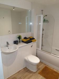 a bathroom with a toilet and a sink and a shower at Fab Manchester City new one bed apartment in Manchester