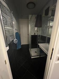 uma casa de banho com um chuveiro e um lavatório. em Location d’appartement em Nice