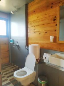 a bathroom with a white toilet and a sink at Riverside County Resort in Chandoli