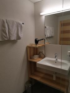 La salle de bains est pourvue d'un lavabo et d'un miroir. dans l'établissement Gästehaus Eisenhut, à Walzenhausen