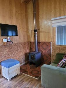 a living room with a stove and a couch at Cabañas Vientos del Sur en Puerto Puyuhuapi Aysen in Puerto Puyuhuapi