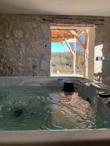 a bath tub filled with water next to a window at Belle villa avec spa et sauna in Tayrac