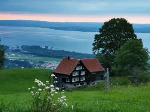 a house sitting on top of a green hill at Gästehaus Eisenhut in Walzenhausen