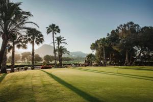 ラ・マンガ・デル・マール・メノールにあるGrand Hyatt La Manga Club Golf & Spaのヤシの木とパッティンググリーンのあるゴルフコース