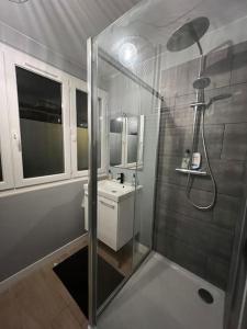 een badkamer met een douche en een wastafel bij Greyellow Compiegne in Compiègne