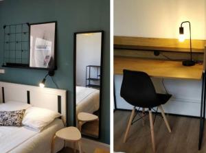 een slaapkamer met een bed, een bureau en een stoel bij Greyellow Compiegne in Compiègne