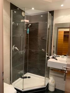een glazen douche in een badkamer met een wastafel bij Atrium Hotel Krüger in Rostock