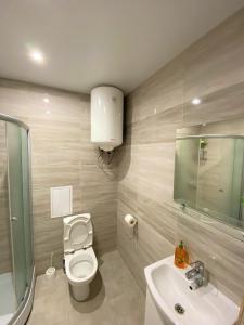 a bathroom with a toilet and a sink and a mirror at FlatService Smart House in Kyiv