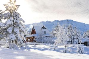 a house in the snow with snow covered trees at Vikendica Blidinje, Ranch Mikulic in Blidinje