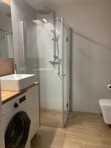 a bathroom with a shower and a sink and a washing machine at Apartament Berlinek in Grzybowo