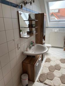La salle de bains est pourvue d'un lavabo, d'un miroir et de toilettes. dans l'établissement Pappert, à Ebersburg